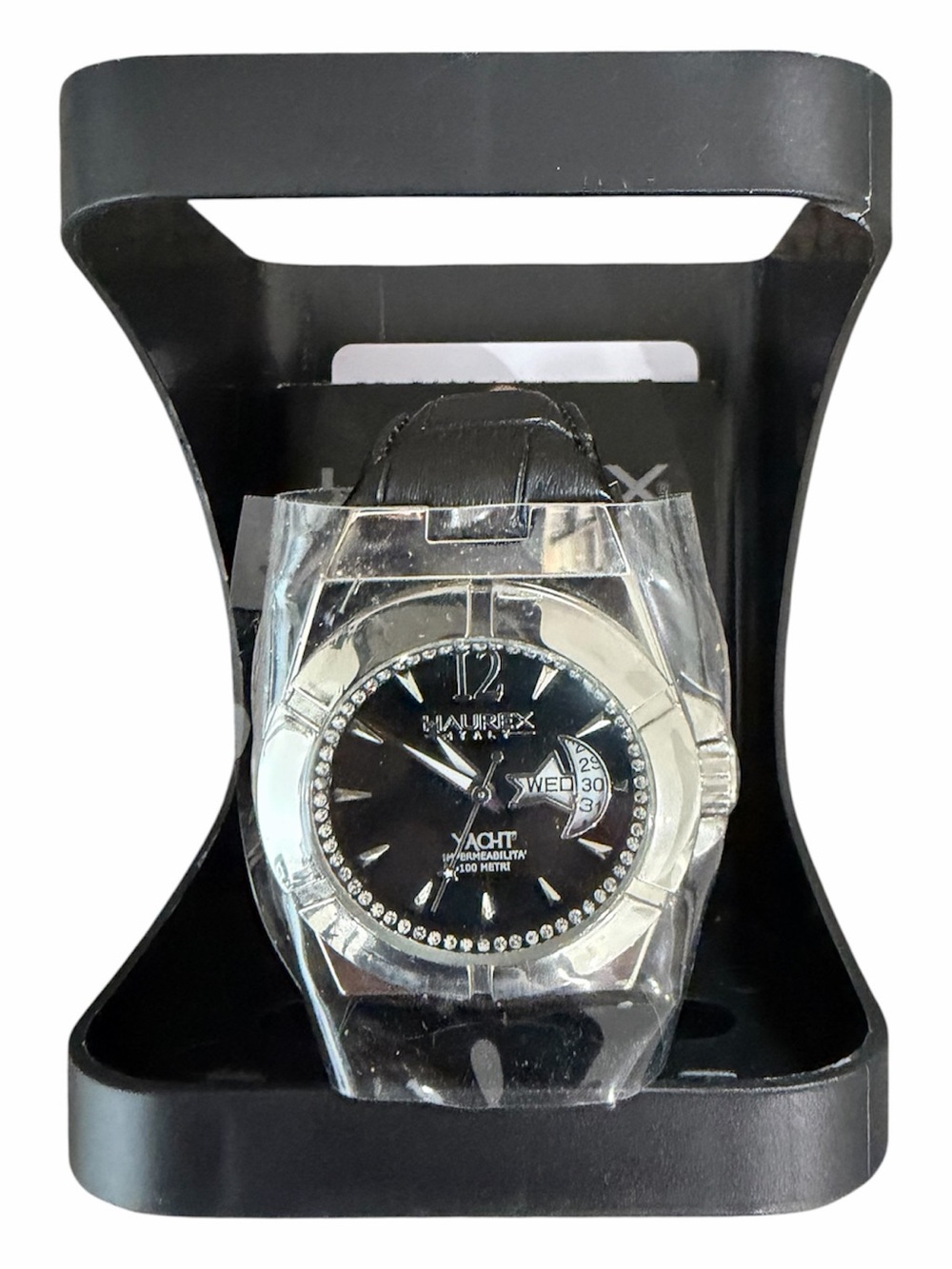 Haurex Italy Yacht Womens Watch Crystal Bezel Black Dial Leather Strap Italian